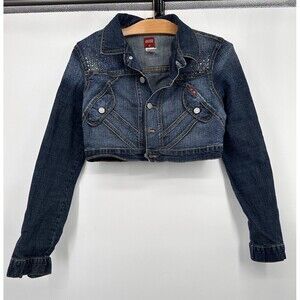 Judy‎ Blue Couture Crop Denim Jacket Women’s Small Y2K Rhinestone Biker Grunge